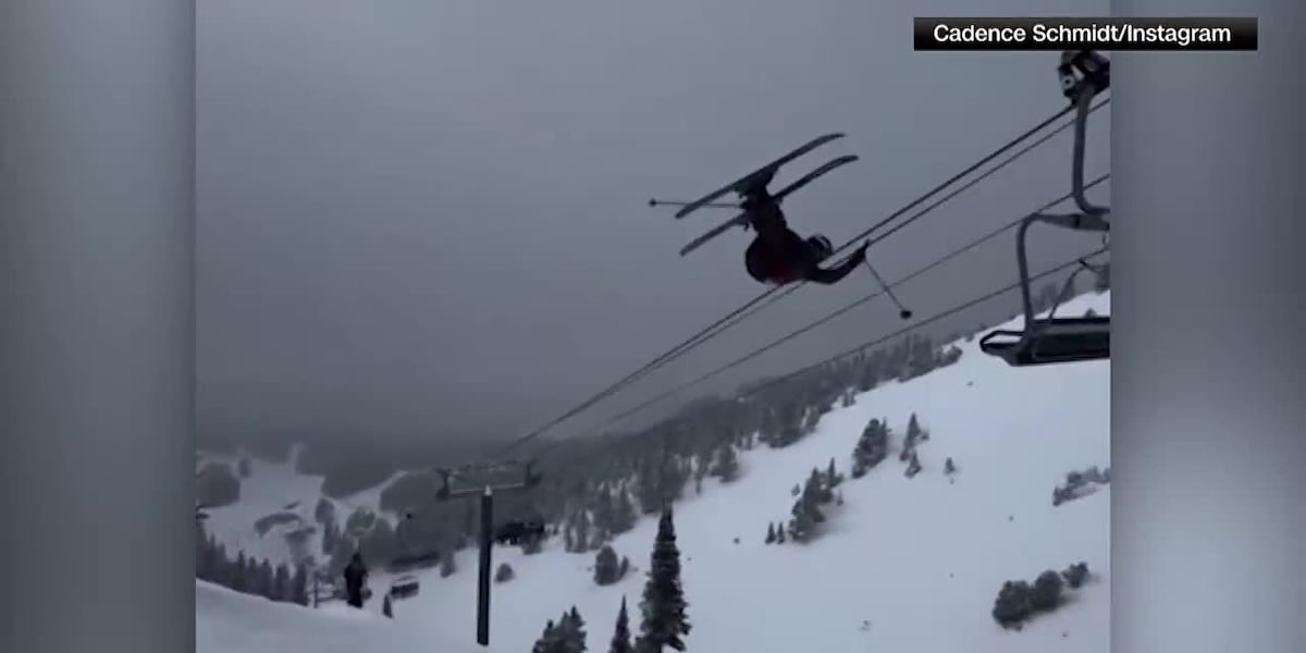 Skier almost crash lands onto chair lift in viral video