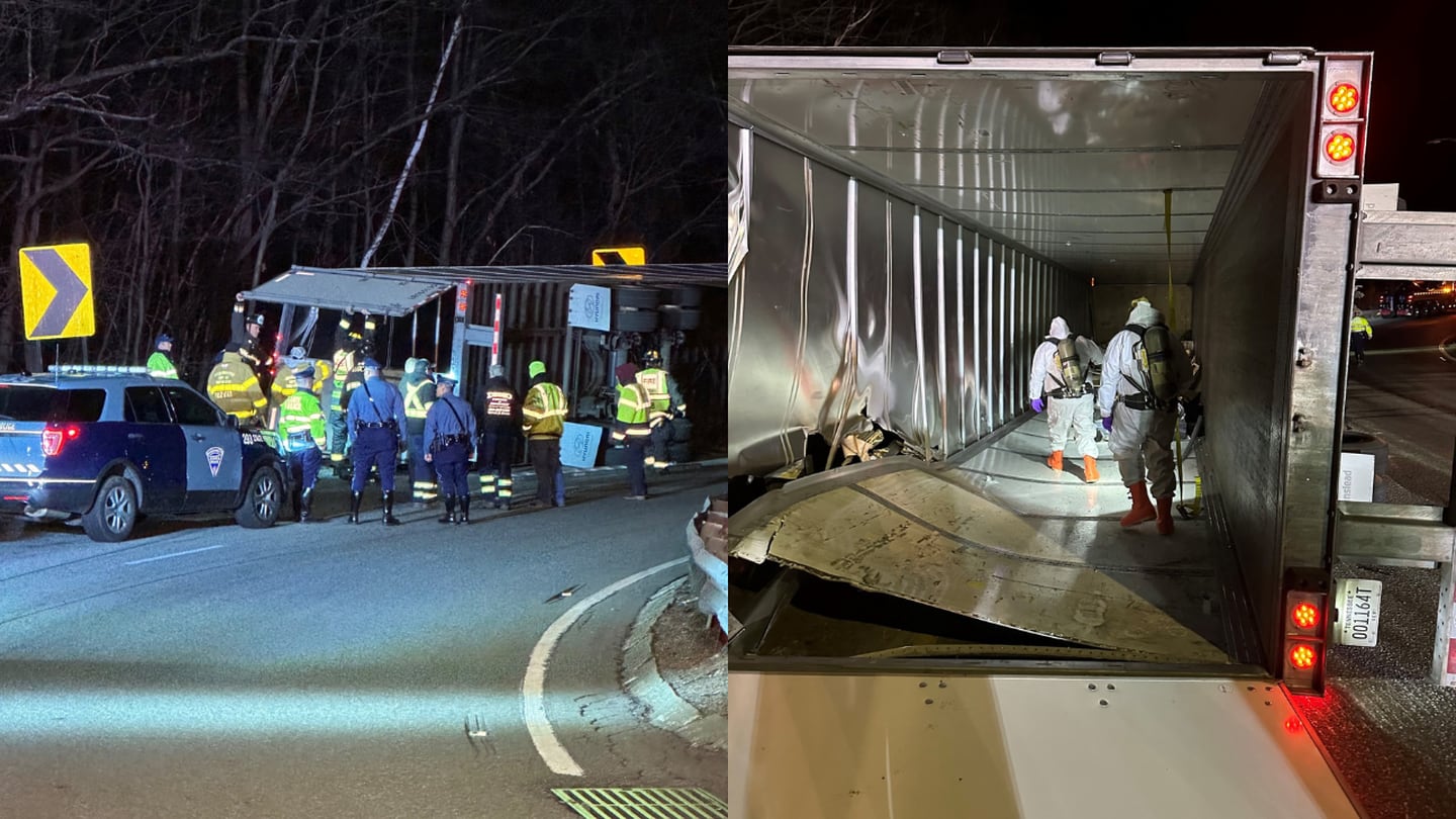 Ramp to Mass. Pike closed after truck hauling car batteries rolls over, prompting hazmat response  Boston 25 News [Video]