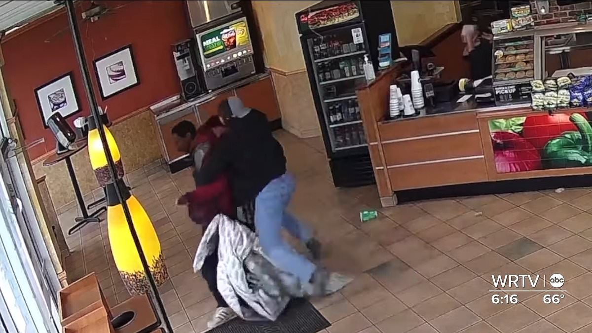Dramatic moment Good Samaritan tackles customer who ‘battered and spat at Indiana Subway worker over a sandwich’ – as hero is rewarded with free food for life [Video]
