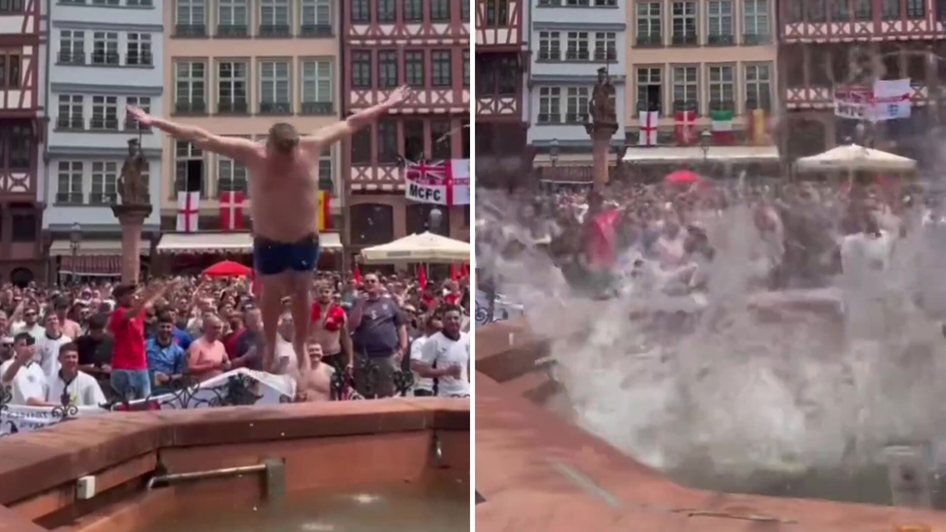 Watch England fan dive into Frankfurt fountain as Three Lions get in party spirit before Denmark clash at Euro 2024 [Video]